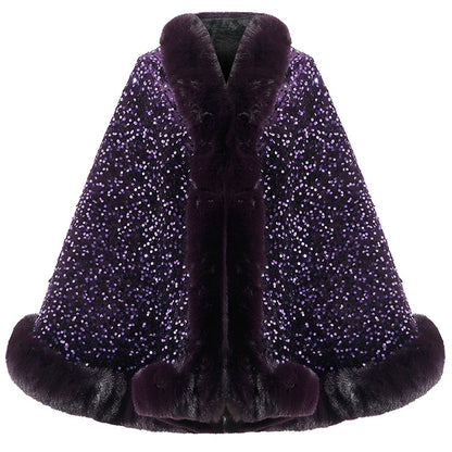 Women’s Sequined Faux Fur Trim Evening Shawl Wrap
