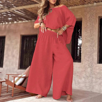 Women’s Off Shoulder Top and Wide Leg Trousers Two Piece Set