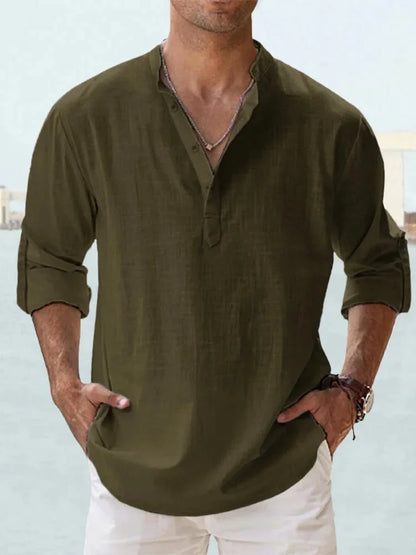 Men’s Casual Henley Collar Long Sleeve Cotton Shirt