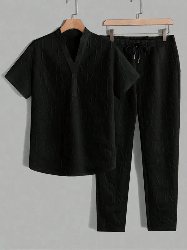Men’s Embossed Pattern T-Shirt and Drawstring Trouser Set