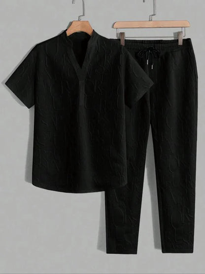 Men’s Embossed Pattern T-Shirt and Drawstring Trouser Set