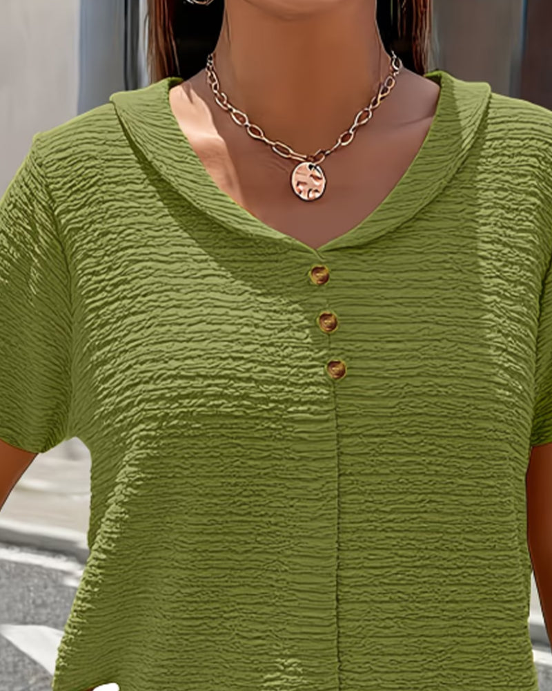 Women’s Textured V-Neck Button Detail Casual T-Shirt