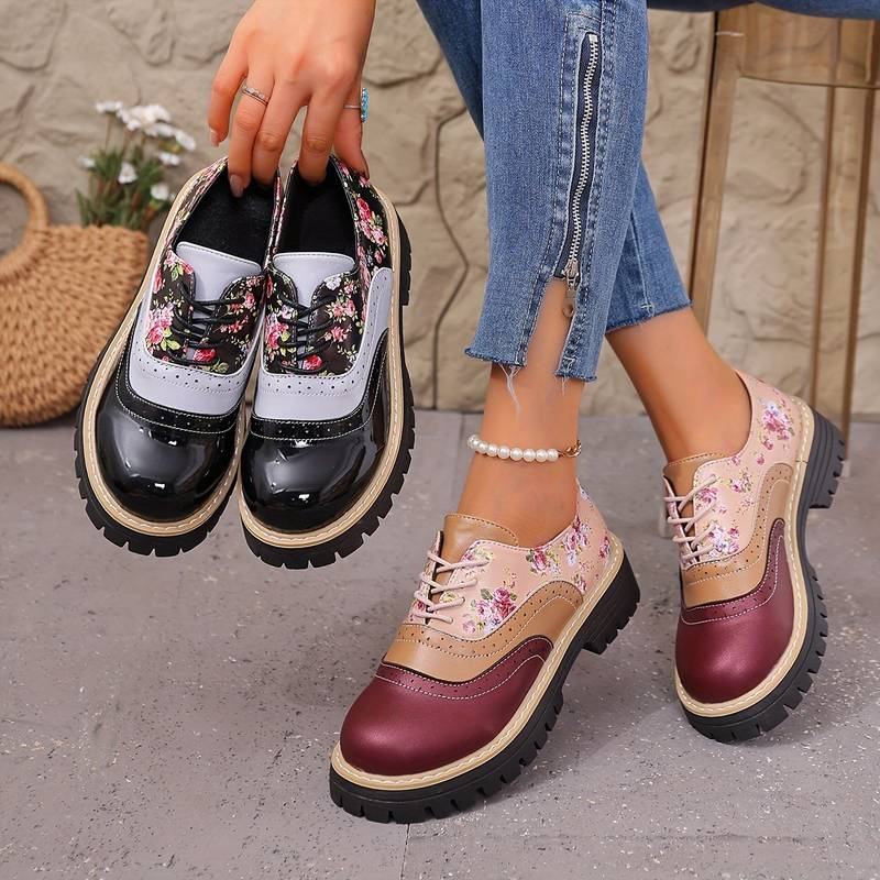 Women’s Floral Brogue Lace Up Chunky Sole Shoes