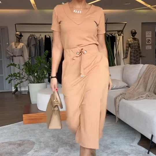 Women’s V-Neck Top and Midi Skirt Two-Piece Set