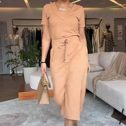 Women’s V-Neck Top and Midi Skirt Two-Piece Set