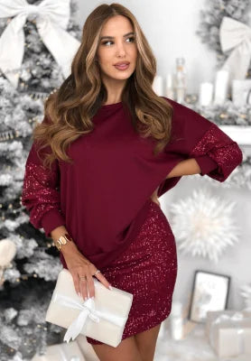 Women’s Sequin Contrast Long Sleeve Top and Mini Skirt Set