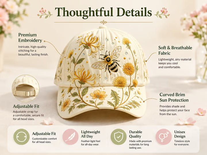 Embroidered Floral Bee Cap