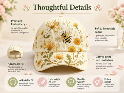 Embroidered Floral Bee Cap