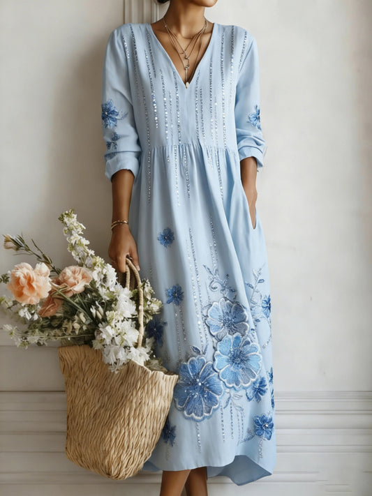 Women’s Serene Bloom V-Neck Linen Midi Dress