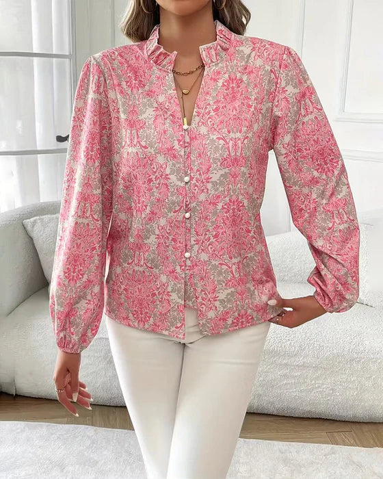 Women’s Printed Ruffled Collar Long Sleeve Blouse