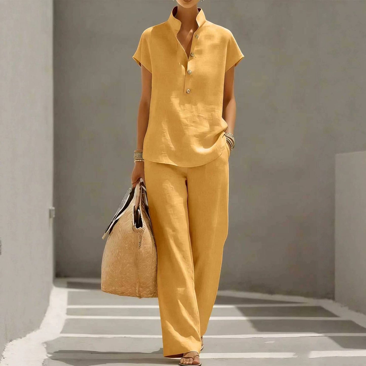 Women's Button-Neck Top and Wide-Leg Trouser Set