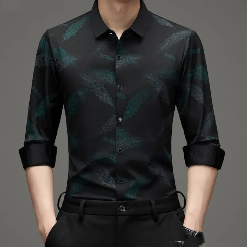 Feather Print Button-Front Shirt