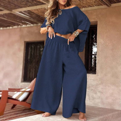 Women’s Off Shoulder Top and Wide Leg Trousers Two Piece Set