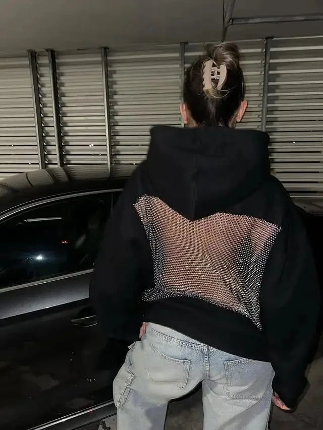 Women’s Glitter-Mesh Open-Back Hoodie