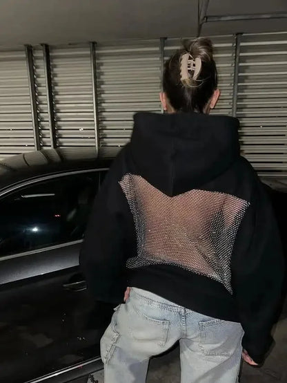 Women’s Glitter-Mesh Open-Back Hoodie