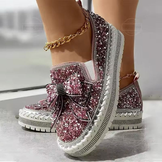 Women's Sequin Bow Loafers - Platform Flats in Wine Red