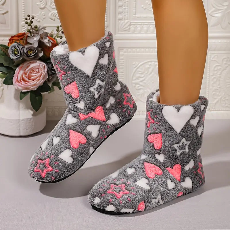 Cozy Star & Heart Plush Slipper Boots – Warm, Non-Slip Sole
