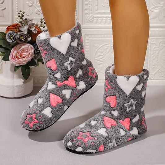 Cozy Star & Heart Plush Slipper Boots – Warm, Non-Slip Sole