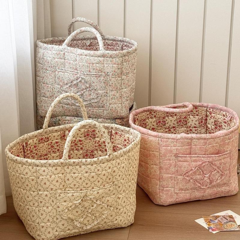 Boho Quilted Fabric Storage Basket Tote