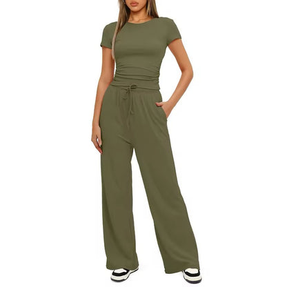 Women's Summer Ruched Top & Wide-Leg Pants Set