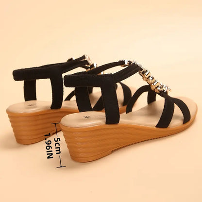 Boho Beaded Wedge Sandals - T-Strap, Open-Toe, Summer Style
