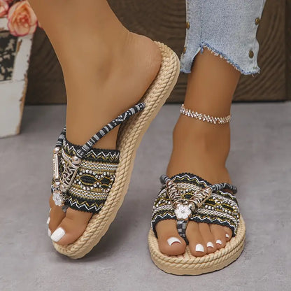 🌸 Boho Ethnic Beaded Strap Flat Sandals