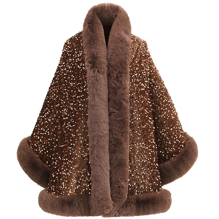 Women’s Sequined Faux Fur Trim Evening Shawl Wrap