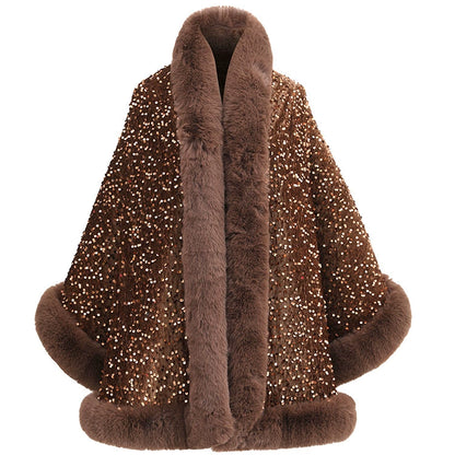 Women’s Sequined Faux Fur Trim Evening Shawl Wrap