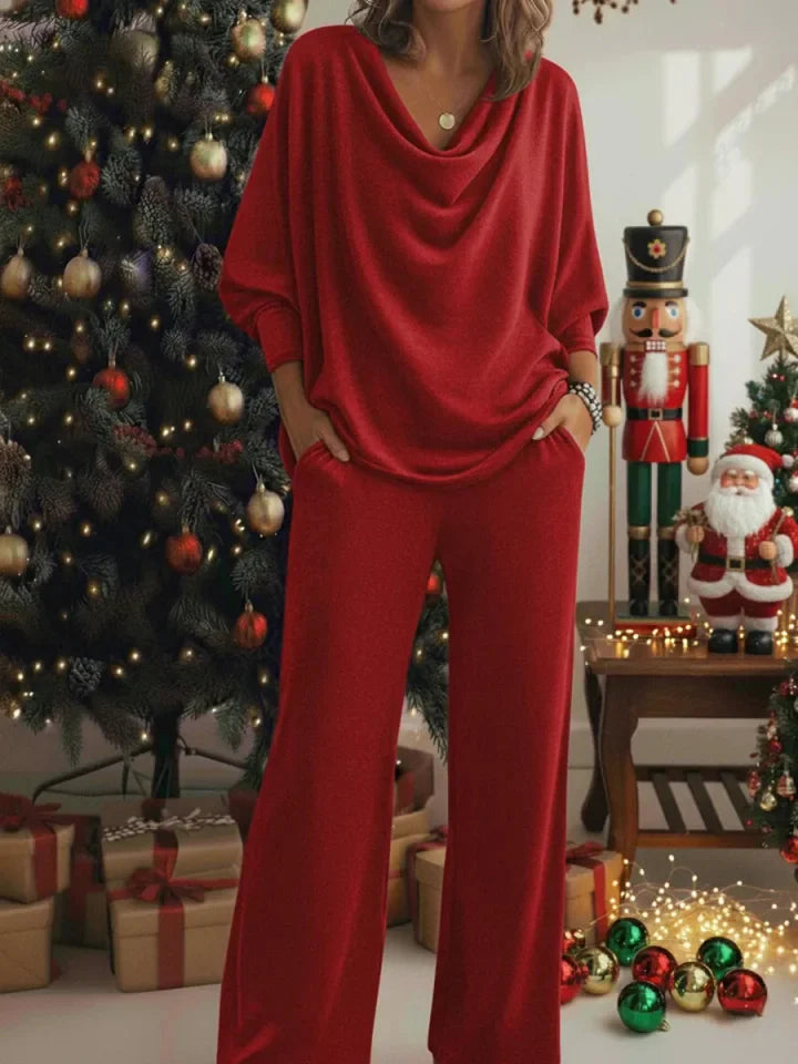 Women’s Christmas Cosy Draped-Neck Wide-Leg Lounge Set