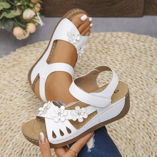 Women's White Floral Wedge Sandals
