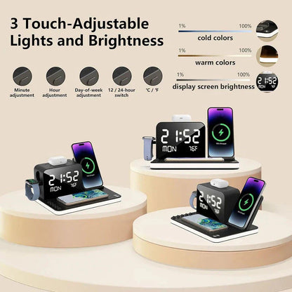 4-in-1 Fast Wireless Charging Station with LED Clock & Bluetooth Speaker