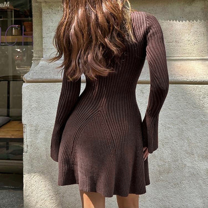 Women’s Ribbed High Neck A Line Knit Dress with Trumpet Cuffs