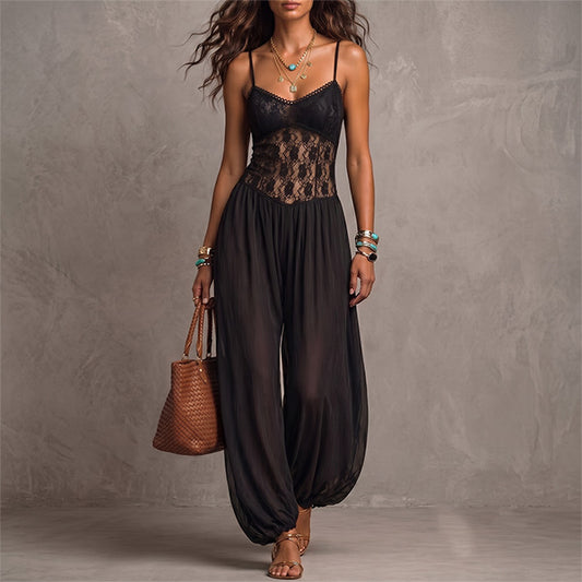 Women's Sheer Lace Detail Harem Jumpsuit