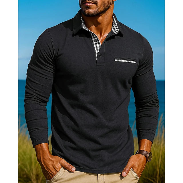 Men’s Contrast-Detail Slim Fit Long Sleeve Polo Shirt