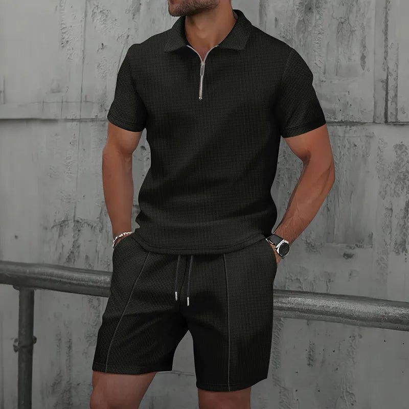 Men’s Textured Zip Polo Shirt and Shorts Set