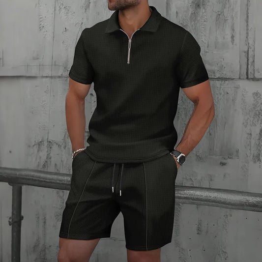 Men’s Textured Zip Polo Shirt and Shorts Set