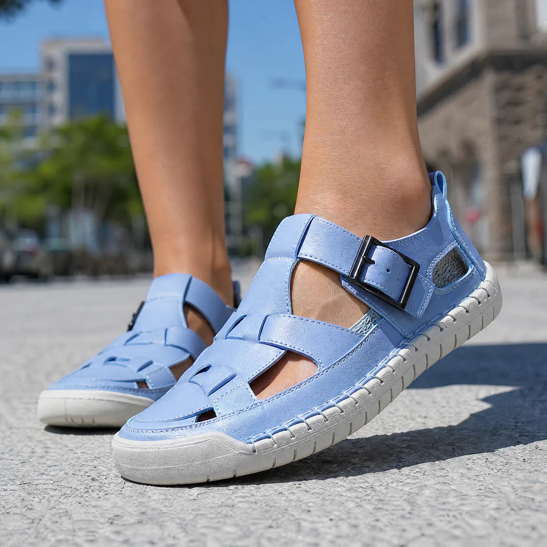 Buckle-Strap Leather-Look Sandals