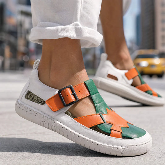 Buckle-Strap Leather-Look Sandals