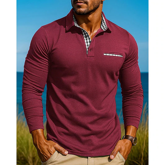 Men’s Contrast-Detail Slim Fit Long Sleeve Polo Shirt