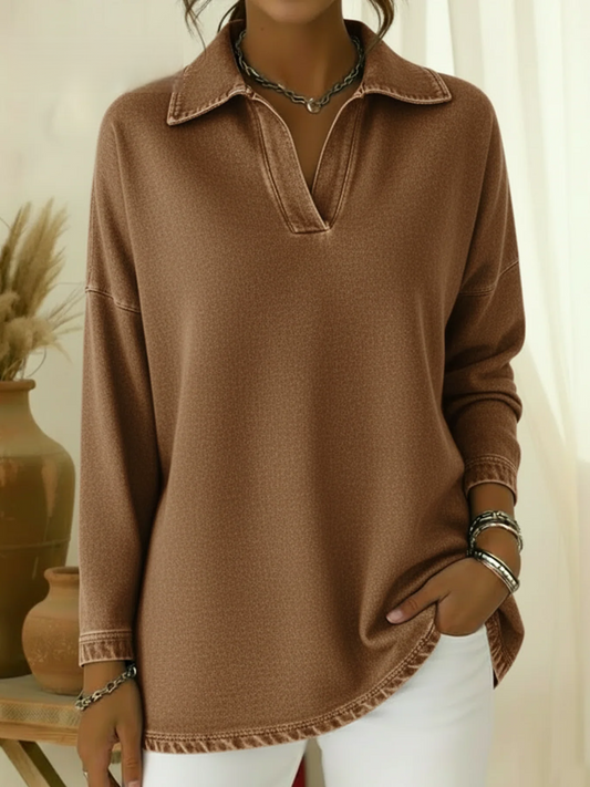 Women’s Polo Collar Denim Feel Sweatshirt Top