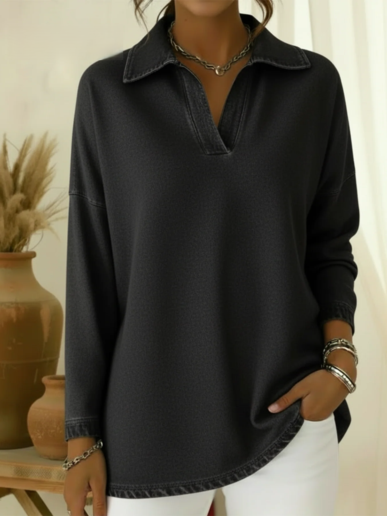 Women’s Polo Collar Denim Feel Sweatshirt Top