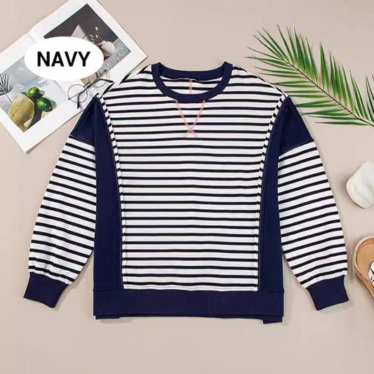 Stylish striped Color blocking tops with a round neckline