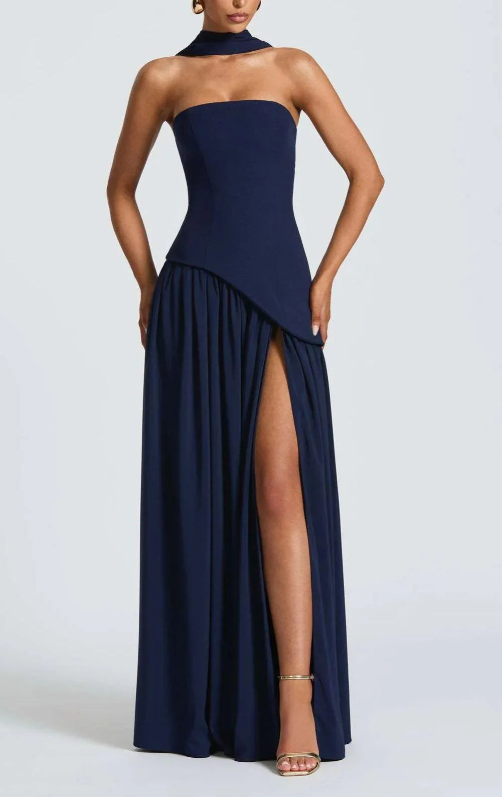 Women’s Strapless Ribbon-Scarf Split Maxi Dress