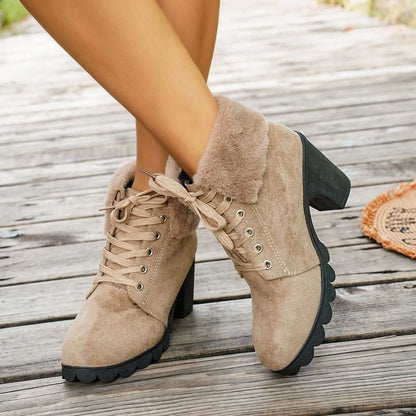 Women's Lace-up High-heeled Cotton Boots