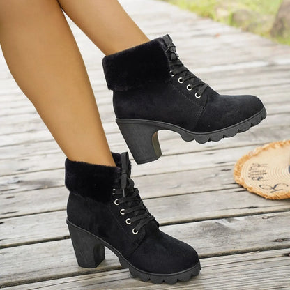 Women's Lace-up High-heeled Cotton Boots