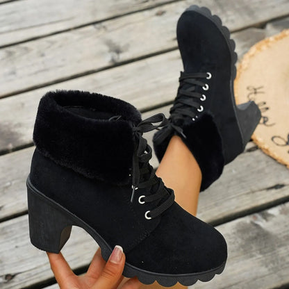 Women's Lace-up High-heeled Cotton Boots