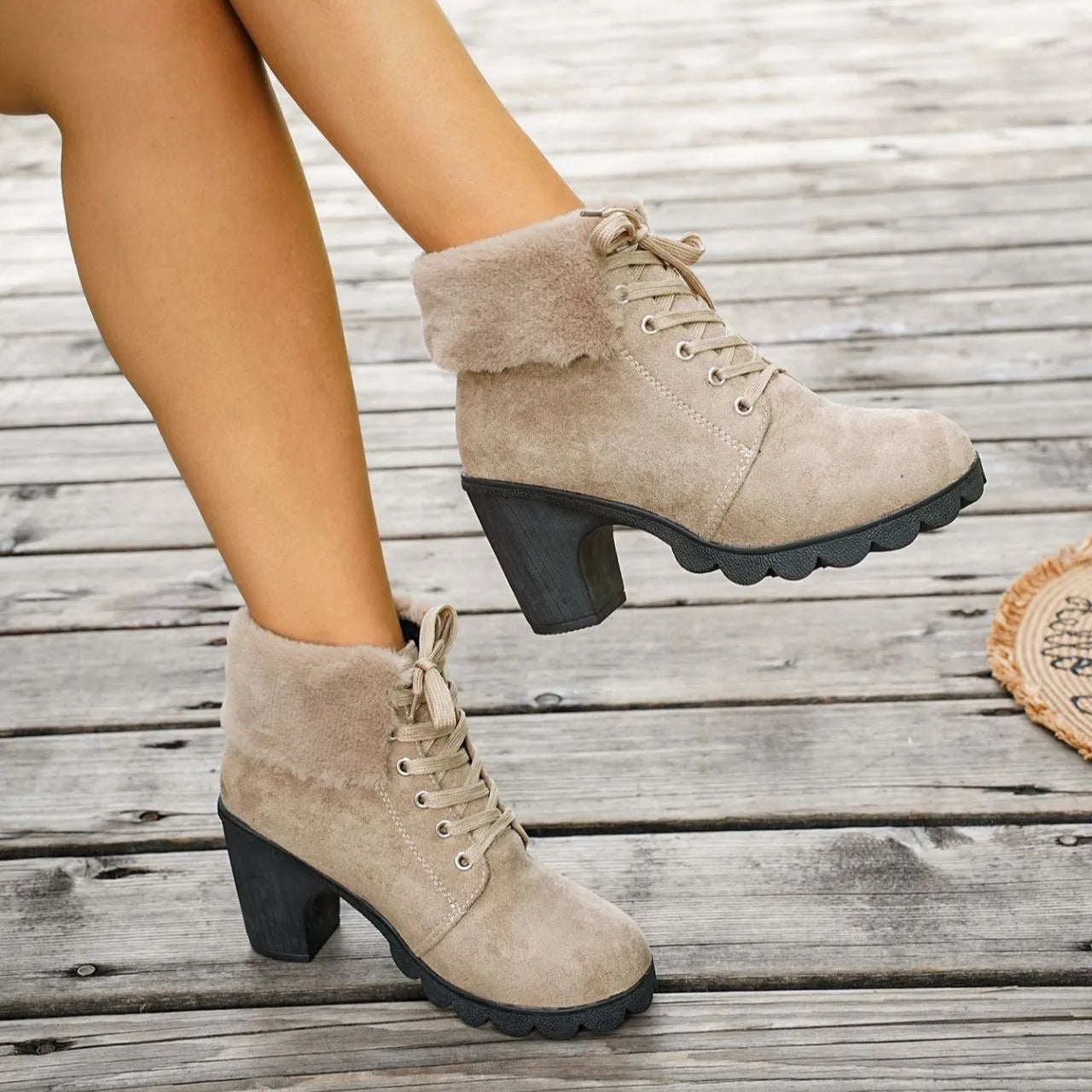 Women's Lace-up High-heeled Cotton Boots