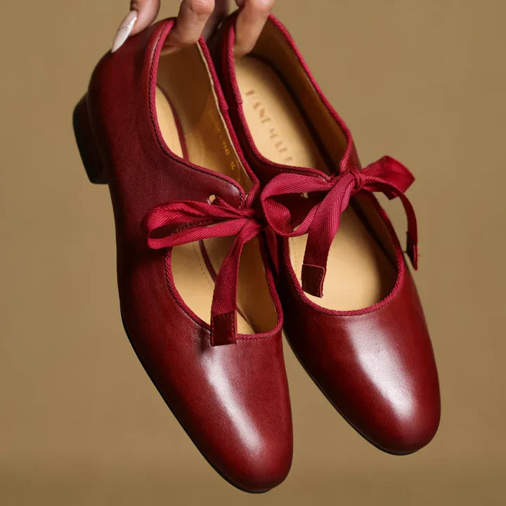Women’s Lace-Up Leather Ballet Flats with Low Square Heel