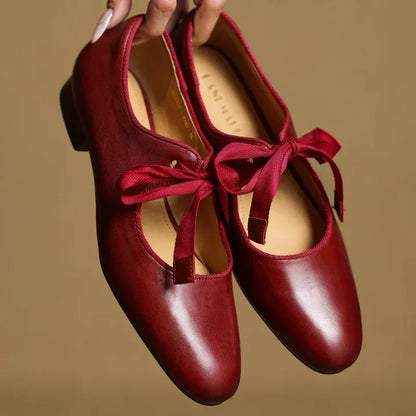 Women’s Lace-Up Leather Ballet Flats with Low Square Heel