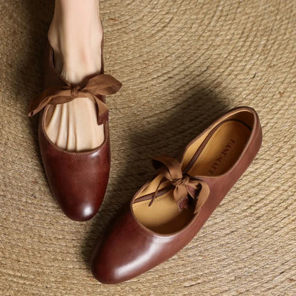 Women’s Lace-Up Leather Ballet Flats with Low Square Heel